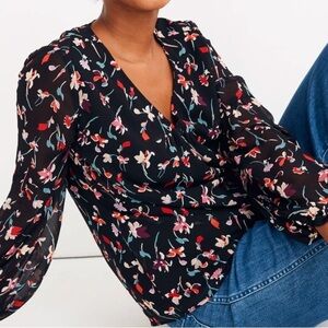 MADEWELL BLACK FLORAL V-NECK SHIRRED SLEEVE BLOUSE RED PINK DRIFTING FLOWERS XS